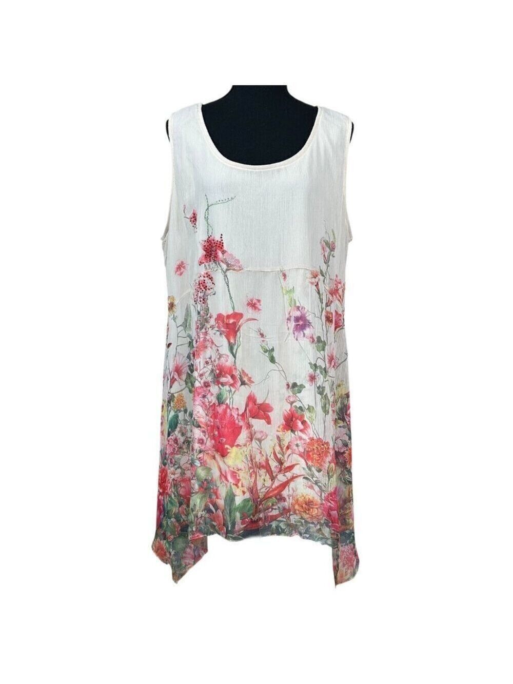 Calstyle White Coral Floral Sleeveless Lined Babydoll Tunic Top Size 2X